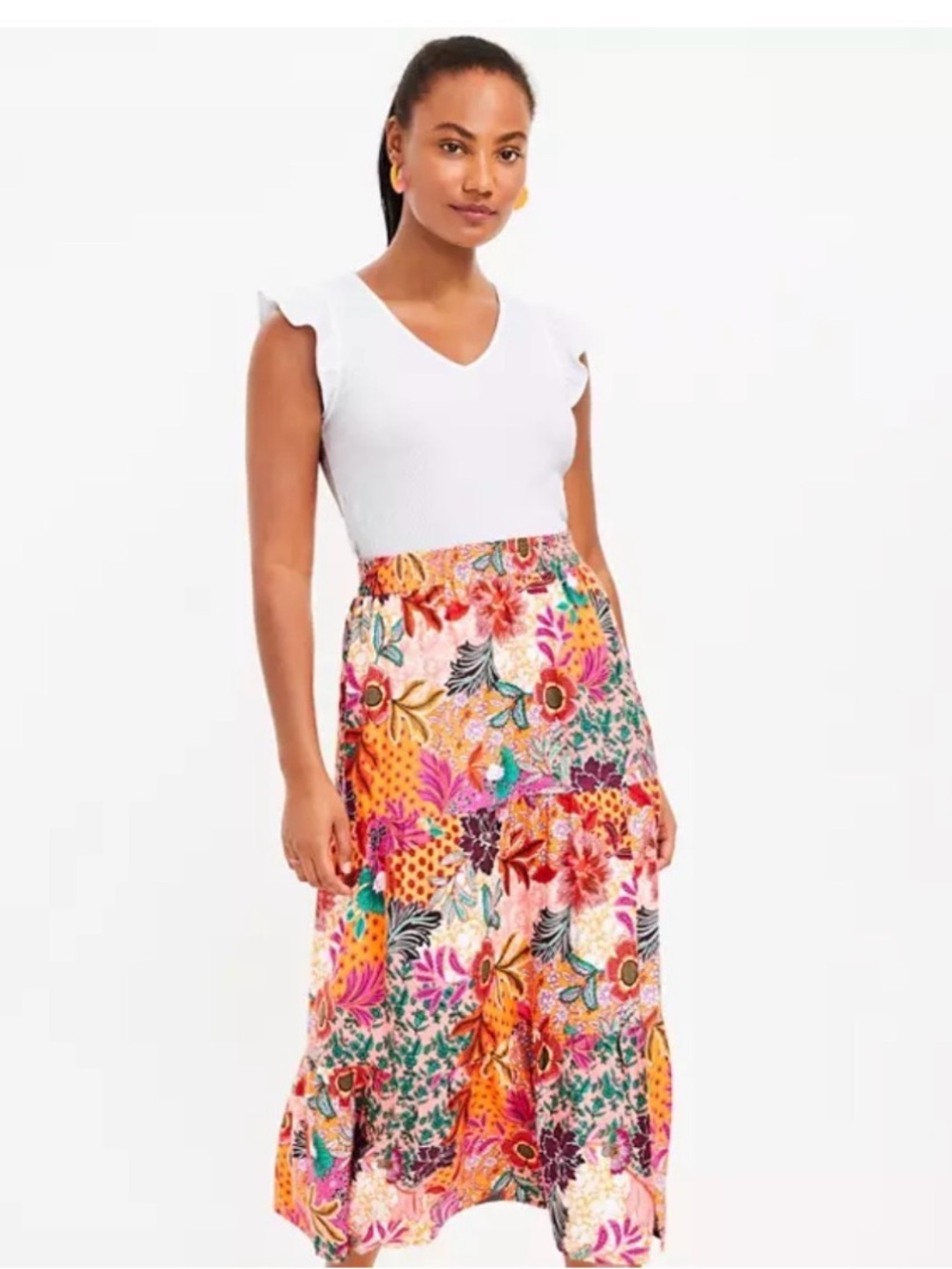 LOFT - Patchwork Bloom Tiered Slit Maxi Skirt - Calypso Orange - Small